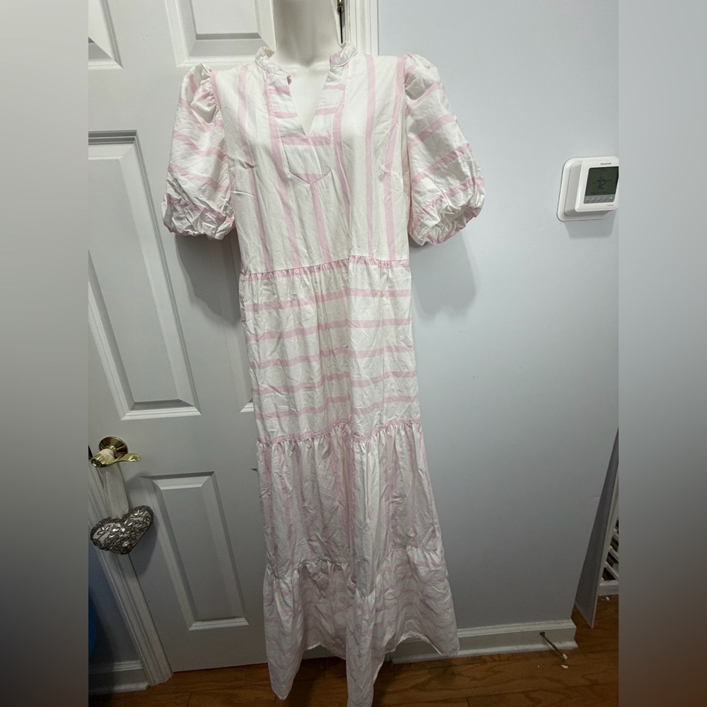 crown & ivy White and Light Pink Striped Maxi Dress